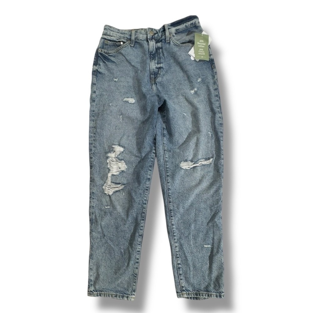 H&M Mom Jeans Womens 8 Blue Light Wash Distressed Ripped Loose Ultra High Waist